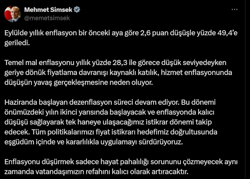 Bakan Şimşek: Haziranda başlayan dezenflasyon süreci devam ediyor