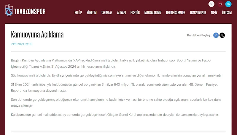 Trabzonspor’un borcu 3 milyar 940 milyon TL