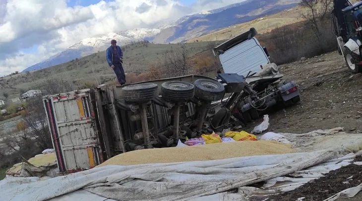 Diyarbakır’ın Kulp ilçesinde, arpa yüklü TIR’ın dorsesi devrildi, tonlarca arpa yola saçıldı