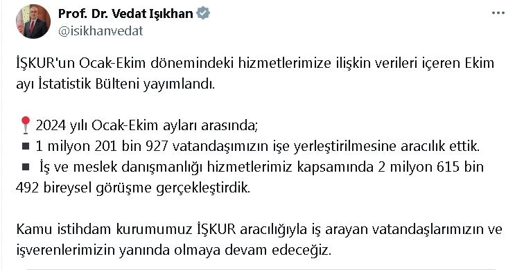 Bakan Işıkhan: 1 milyon 201 bin 927 vatandaşımızın işe yerleştirilmesine aracılık ettik