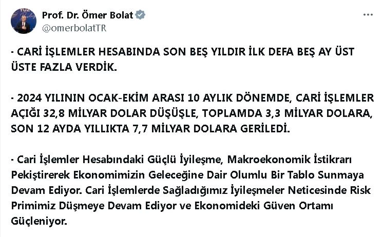 Bakan Bolat: Cari işlemler hesabı 5 yıldır ilk kez 5 ay üst üste fazla verdi