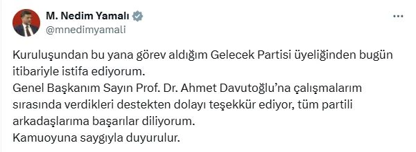 Gelecek Partisi Milletvekili Yamalı, partisinden istifa etti