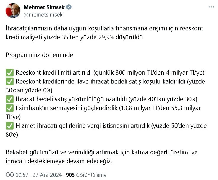 Bakan Şimşek: Reeskont kredi maliyeti yüzde 29,9