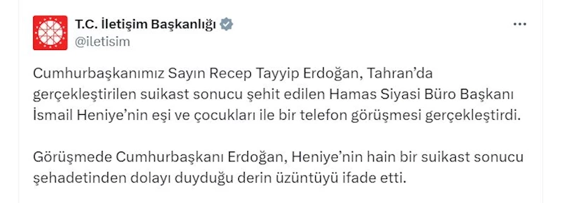 Cumhurbaşkanı Erdoğan, Haniye