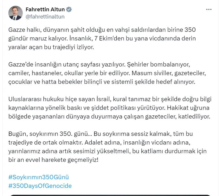 İletişim Başkanı Altun: Soykırıma sessiz kalmak, tüm trajediye ortak olmaktır