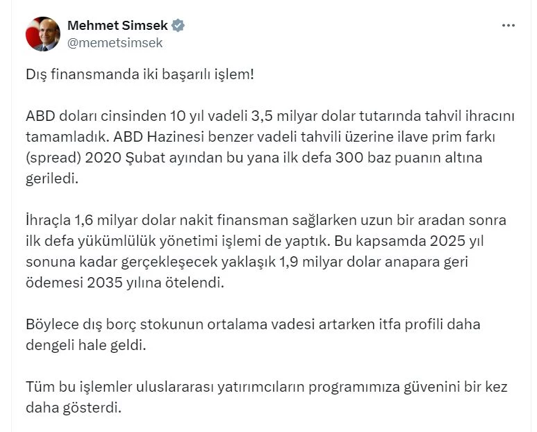 Bakan Şimşek: 3,5 milyar dolar tutarında tahvil ihracını tamamladık