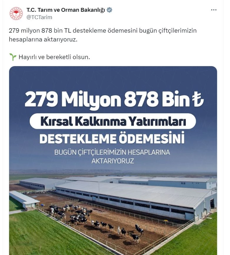 280 milyon TL destekleme ödemesi, çiftçilerin hesaplarına aktarıldı