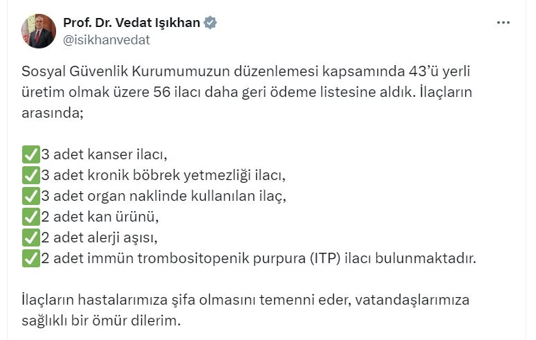 Bakan Işıkhan: 56 ilacı daha geri ödeme listesine aldık