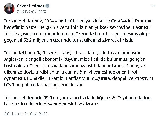 Cevdet Yılmaz: Turizm geliri, dengeli büyümemize katkıda bulundu