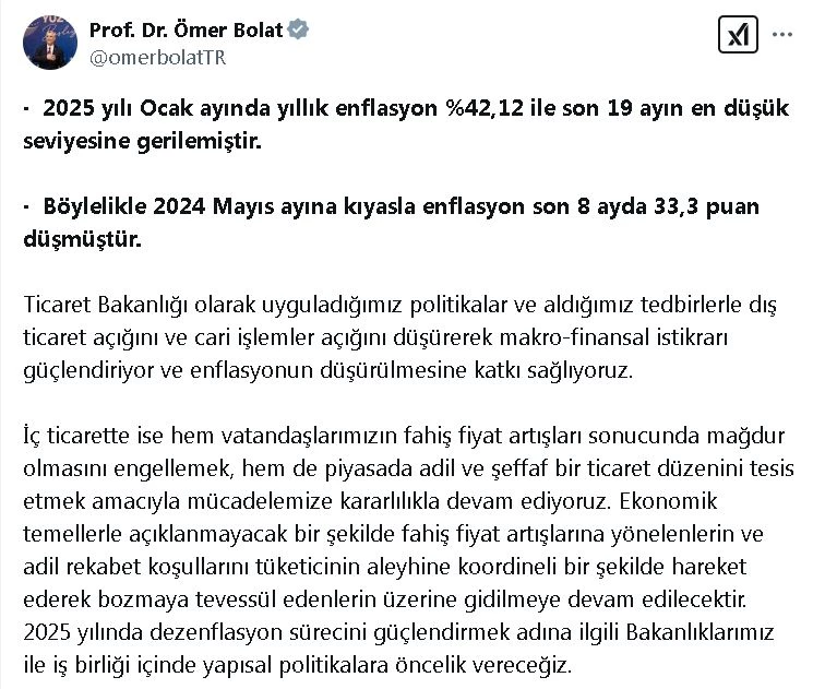 Bakan Bolat: Yıllık enflasyonda gerilemenin devam etmesini bekliyoruz