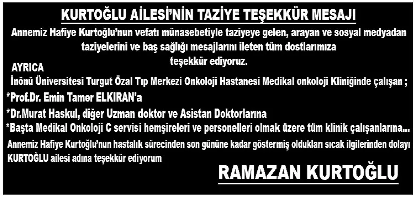 KURTOĞLU AİLESİ’NİN TAZİYE TEŞEKKÜR MESAJI