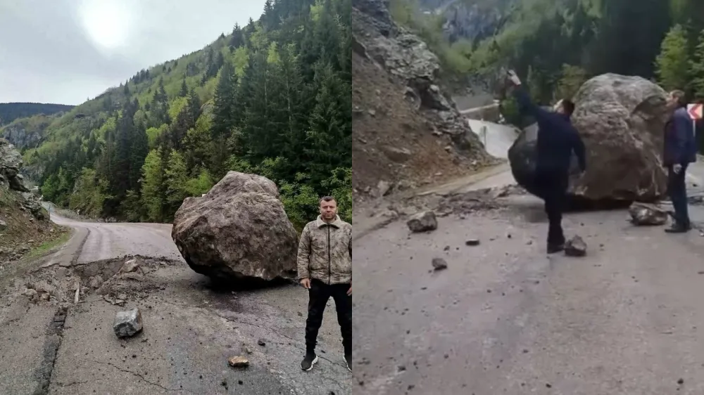 Son anda kurtuldukları yola düşen dev kaya parçasıyla hatıra fotoğrafı çektiler
