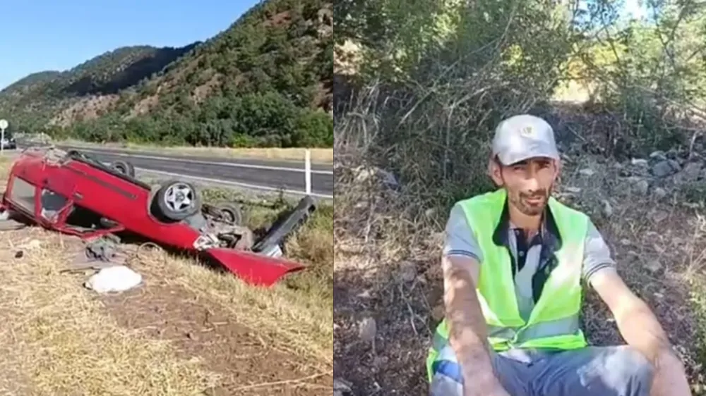 Takla atarak uçuruma yuvarlanan otomobilden hafif sıyrıklarla kurtuldu